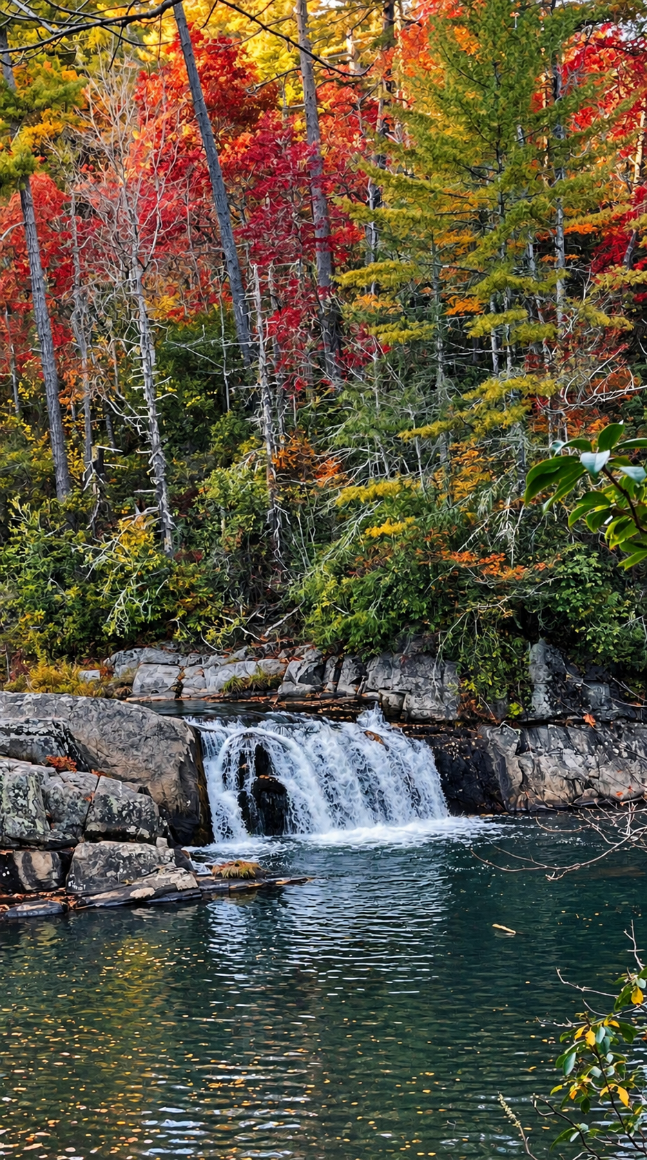 The Falls in Flames — waterfall surrounded by vivid autumn color