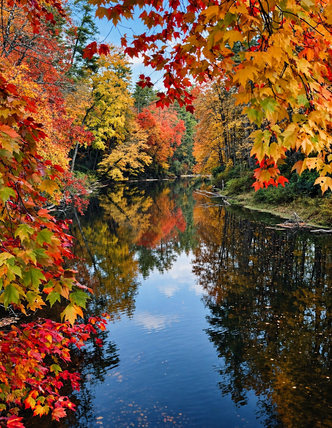 Quiet Reflection — autumn river mirroring a canopy of red and gold