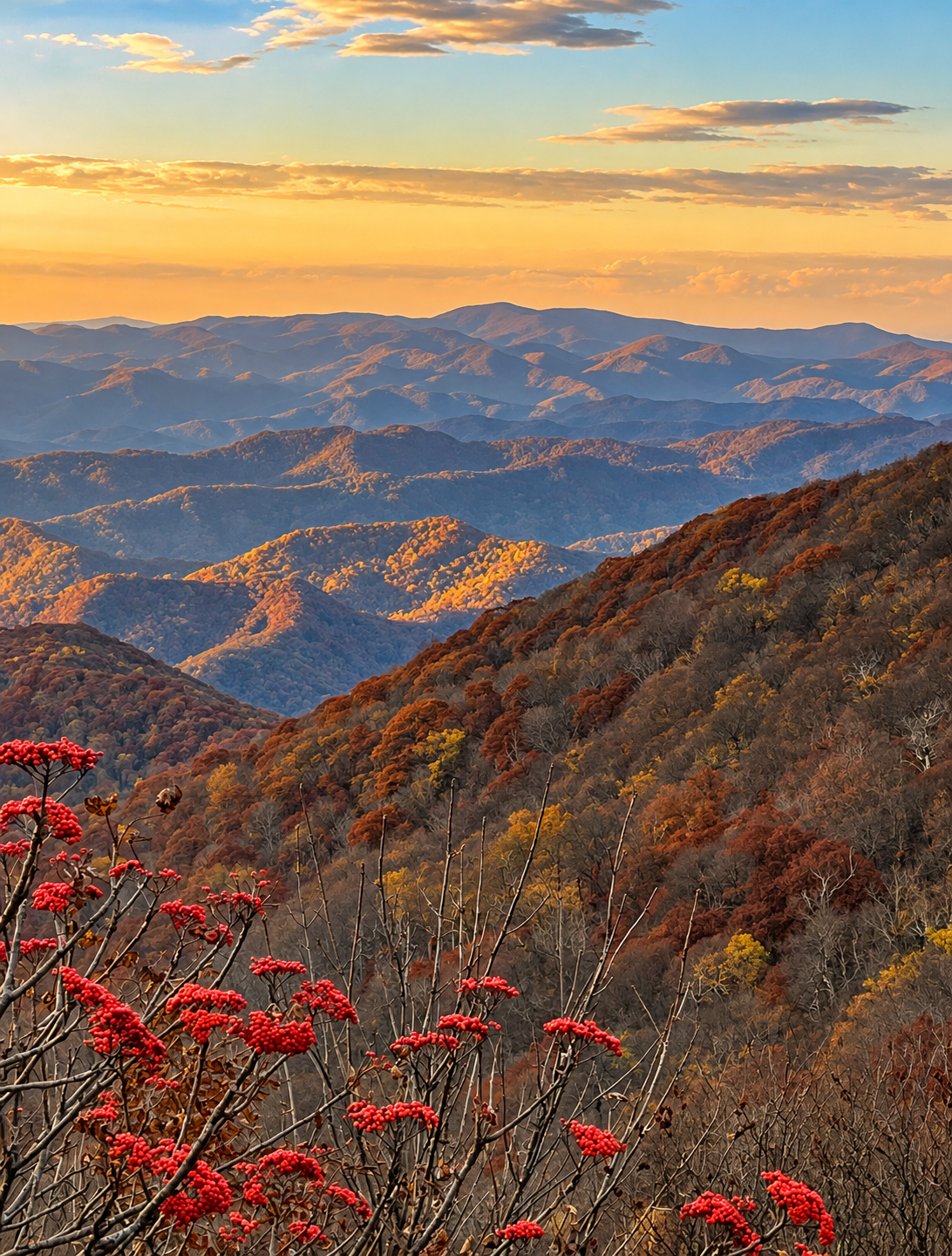 Red Flames — mountain ridgeline at golden hour with red berry clusters in foreground
