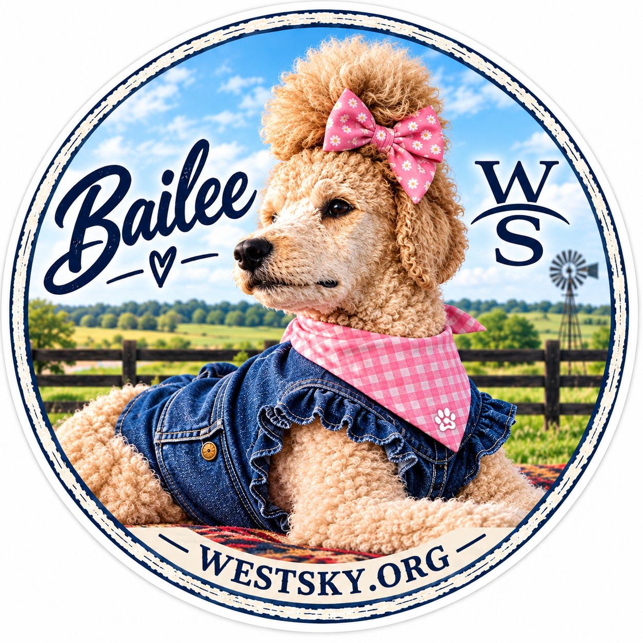 Bailee the Poodle sticker — apricot poodle with pink bow and denim jacket at West Sky ranch
