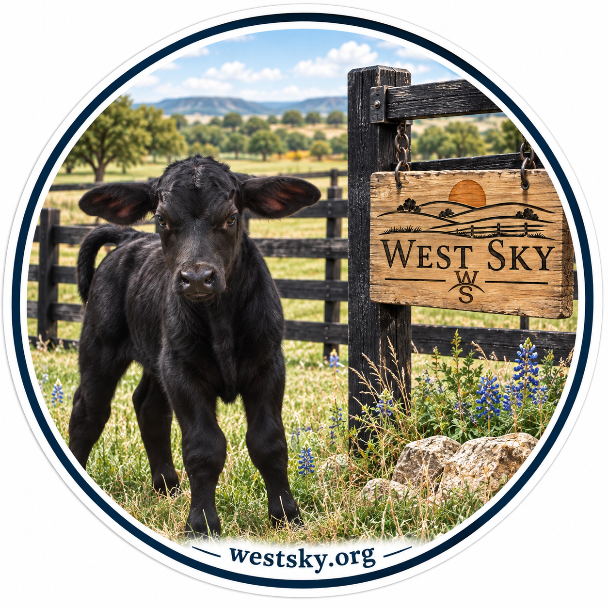 Black Brangus Calf sticker — black calf by the West Sky fence sign with bluebonnets