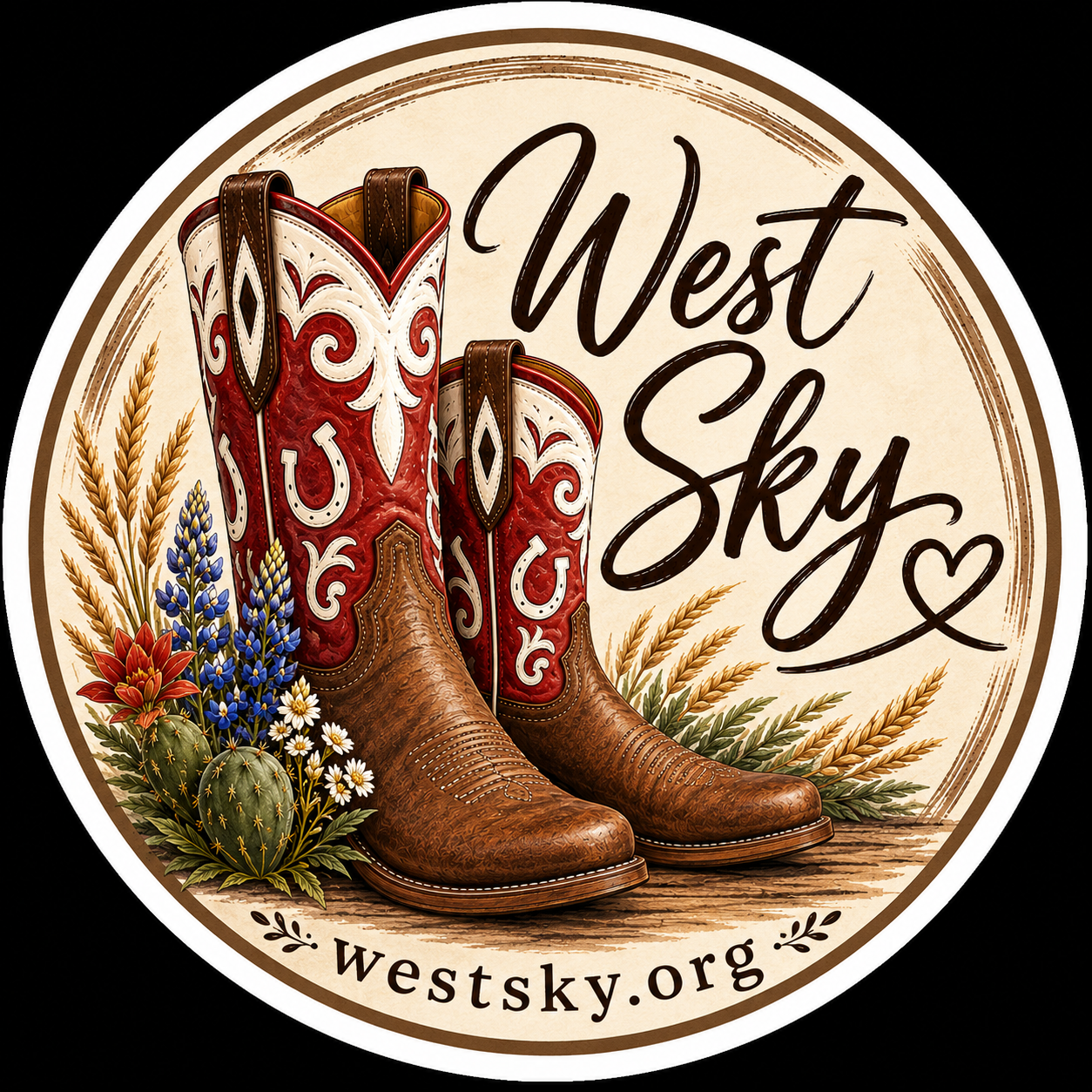 West Sky boots sticker — red and tan cowboy boots with bluebonnets and cactus