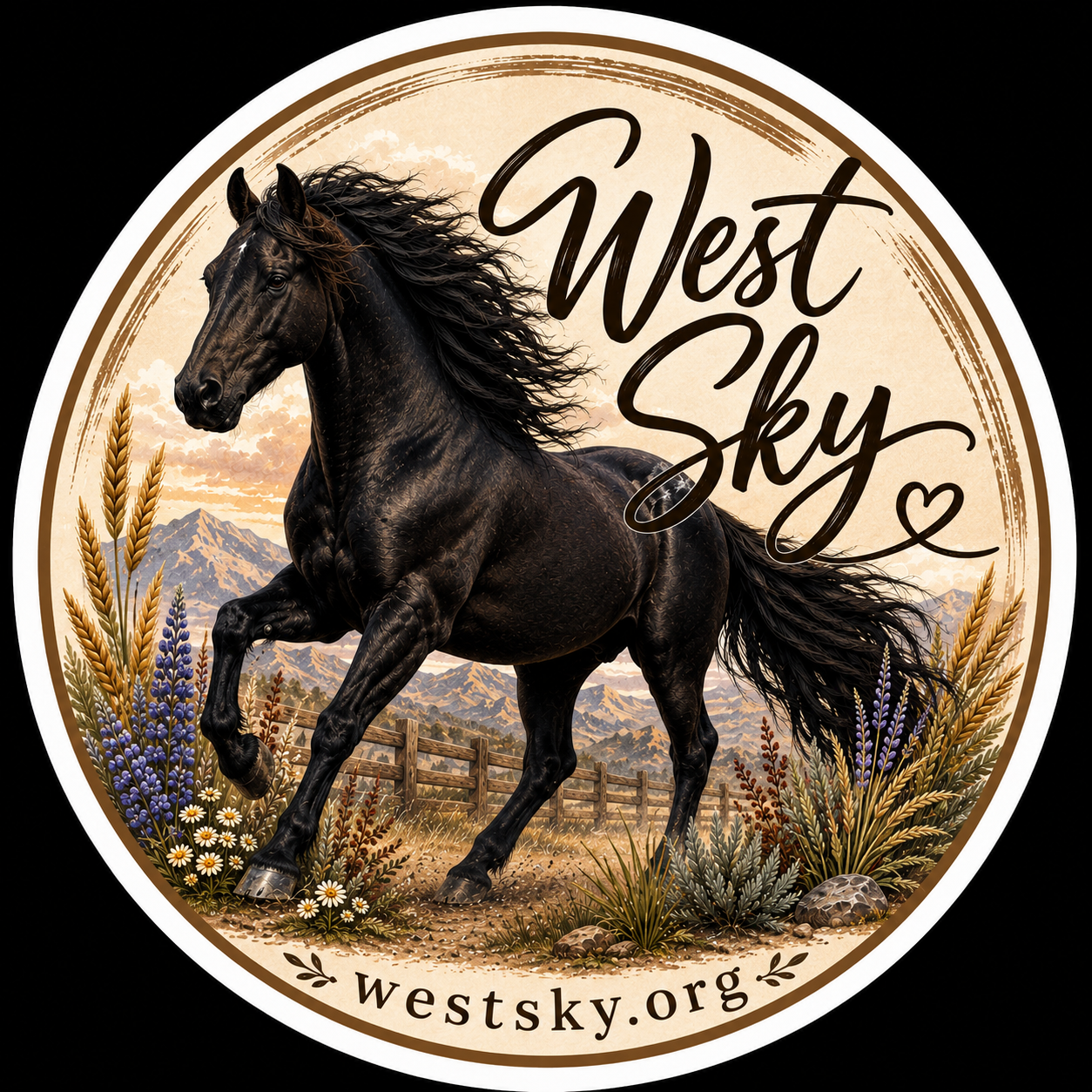 West Sky horse sticker — black horse in western landscape with wildflowers