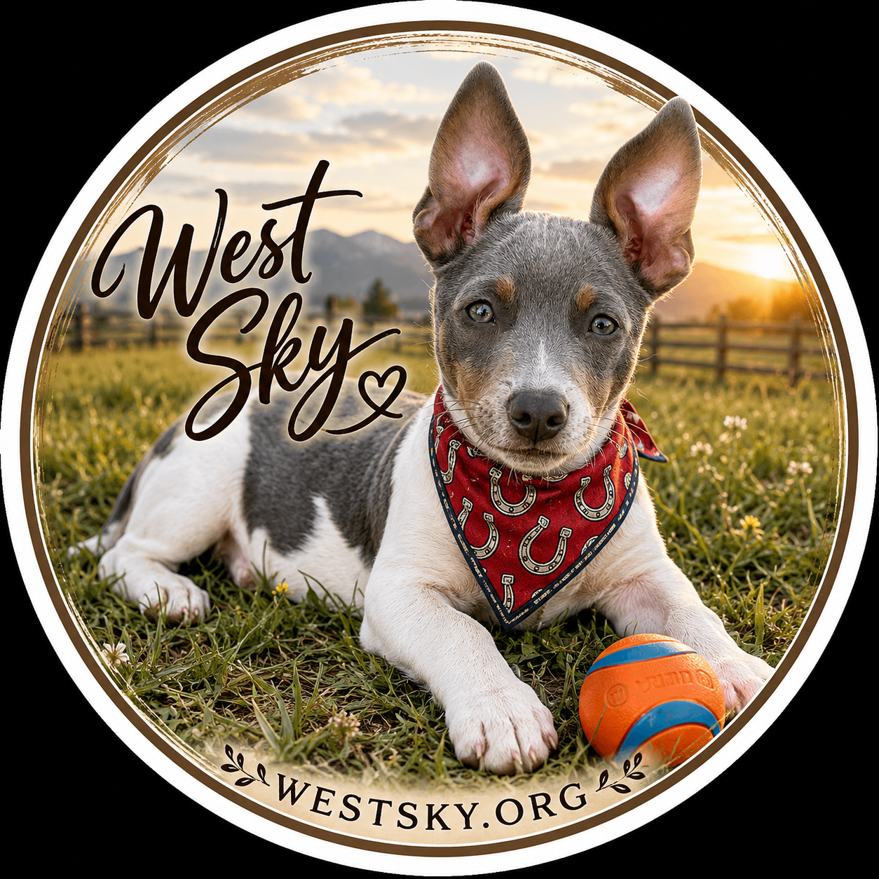 West Sky Jack sticker — blue heeler puppy with red bandana on grassy field