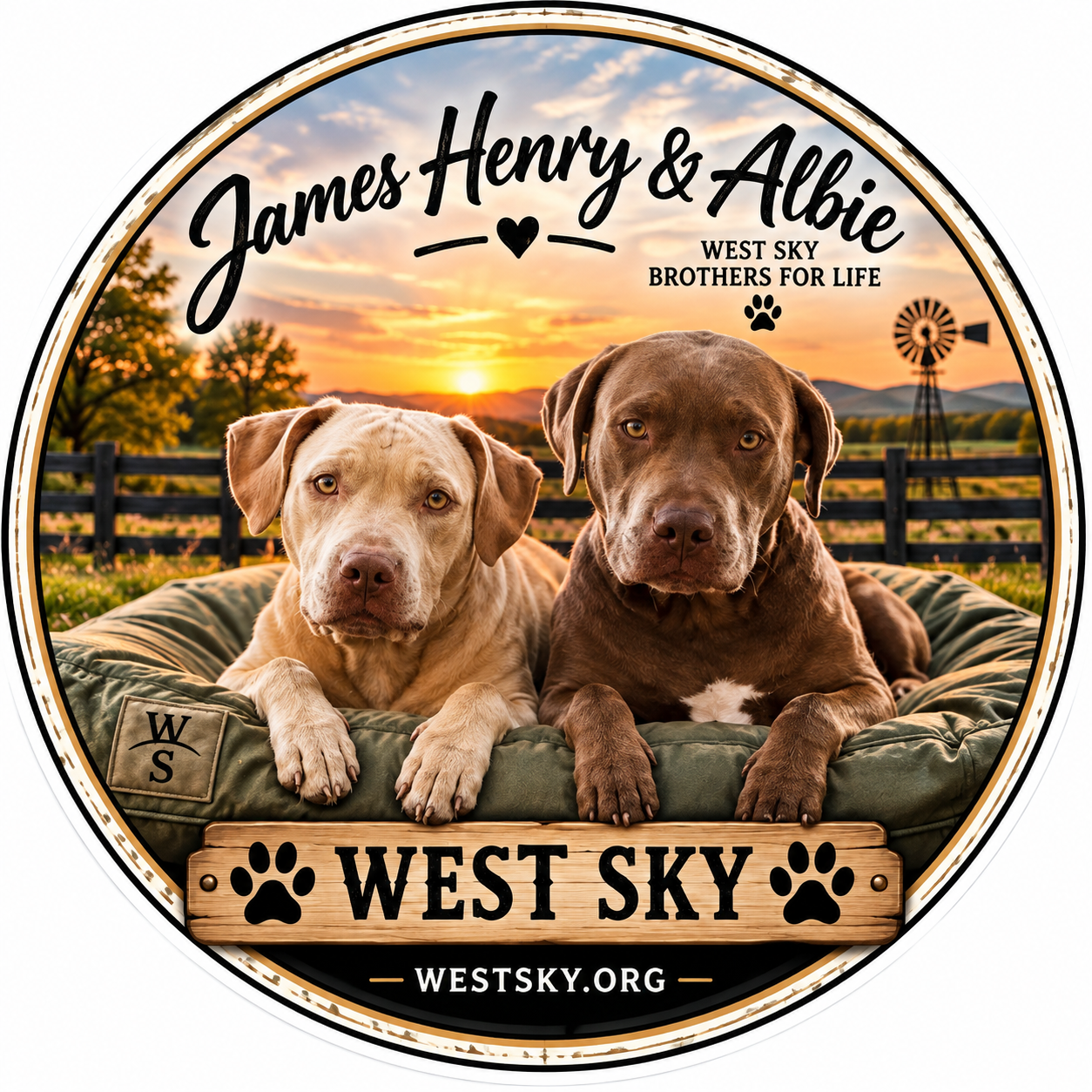 James Henry & Albie sticker — Brothers for Life, two dogs on green bed at sunset ranch