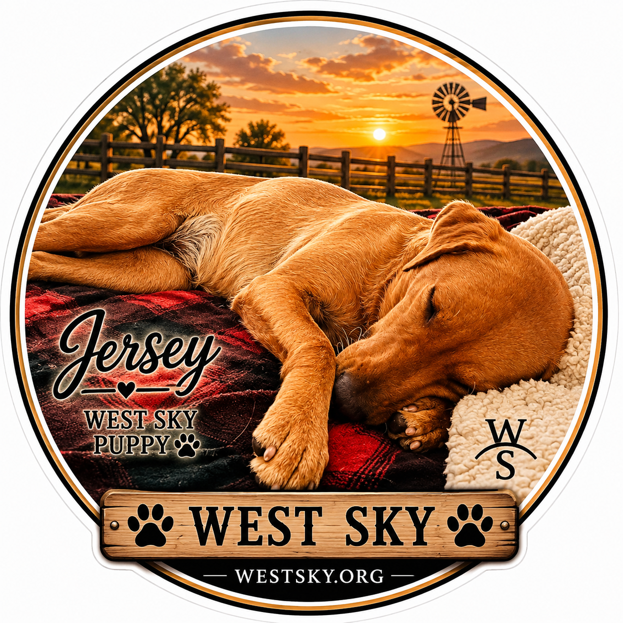 Jersey sticker — golden retriever sleeping on plaid blanket at sunset, West Sky Puppy