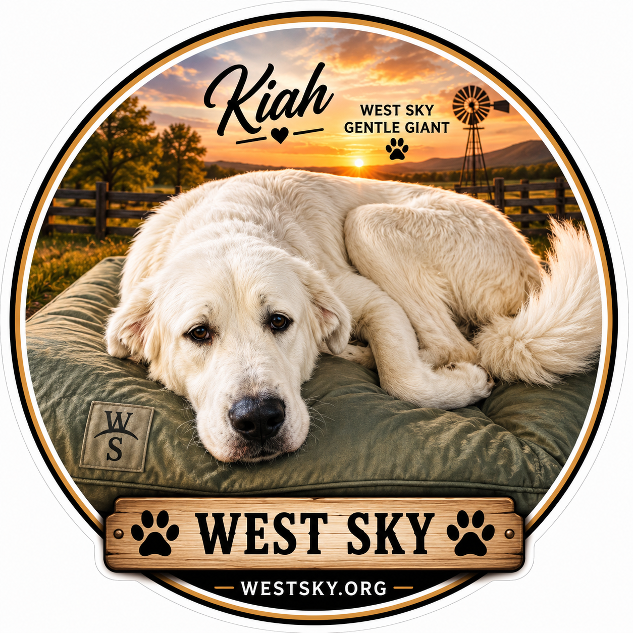 Kiah sticker — white Great Pyrenees resting on green dog bed at sunset, West Sky Gentle Giant
