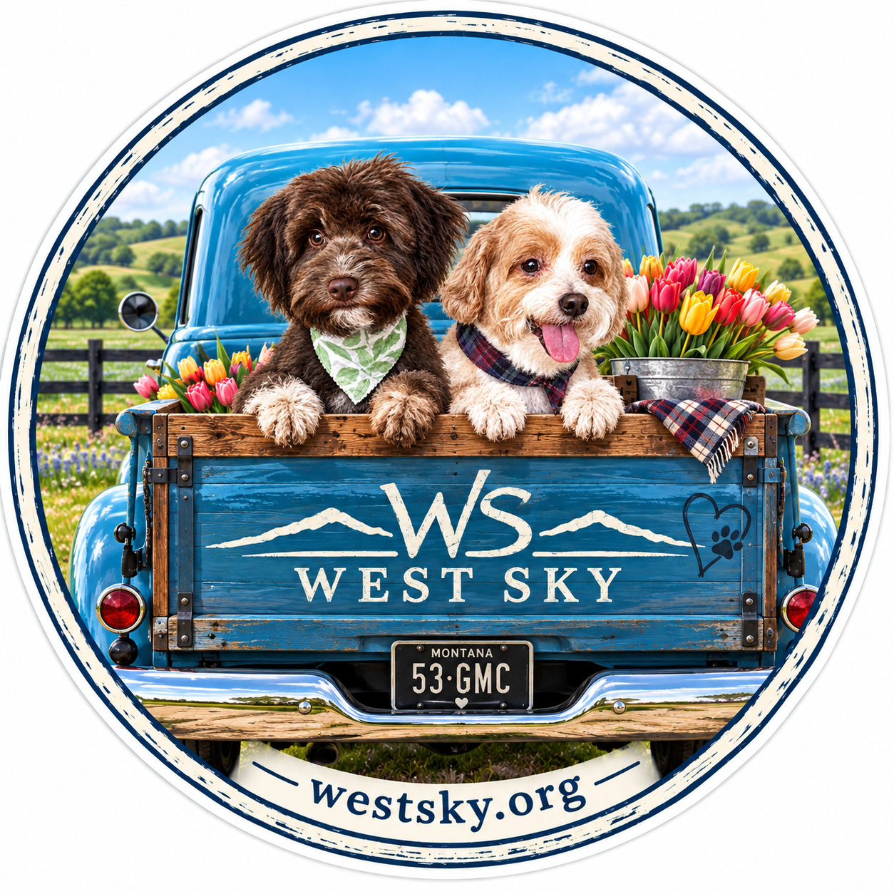 Luke & Henry Forever Friends sticker — two fluffy pups in the West Sky truck bed