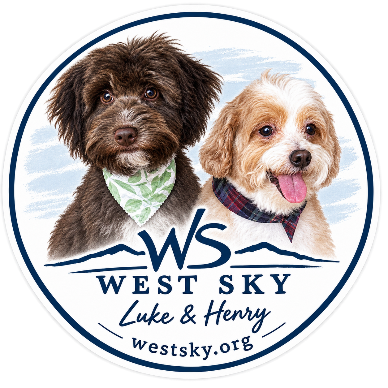 Luke & Henry sticker — two fluffy pups with WS logo and westsky.org