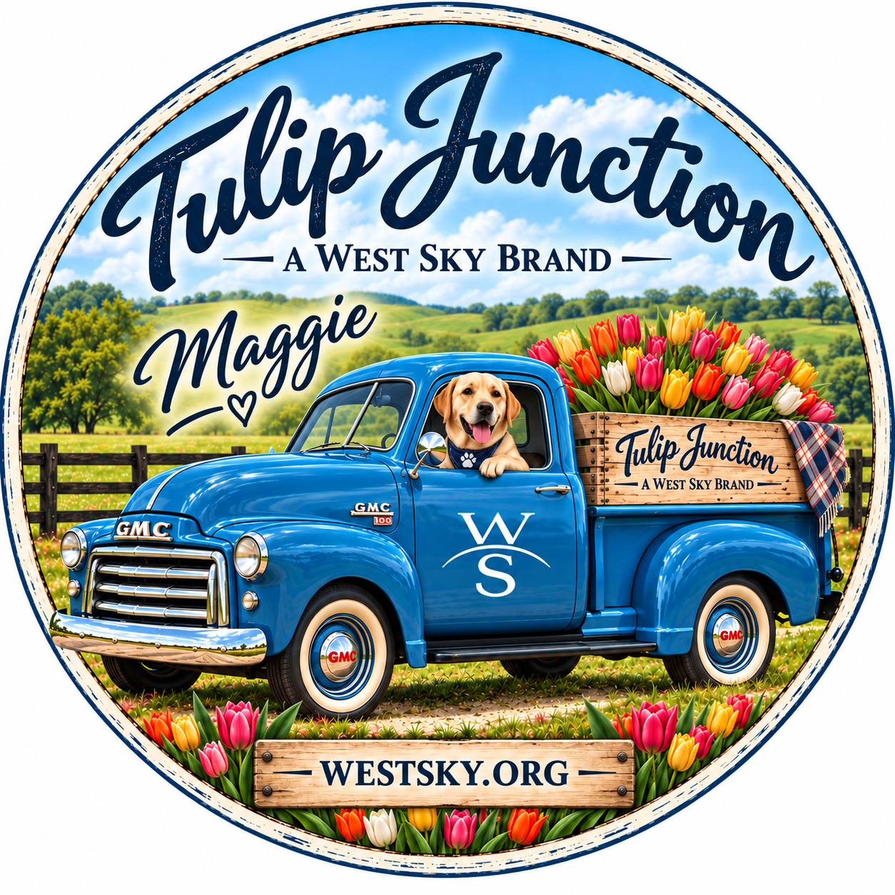 Maggie Drives sticker — Maggie the yellow Lab behind the wheel of a vintage blue GMC truck