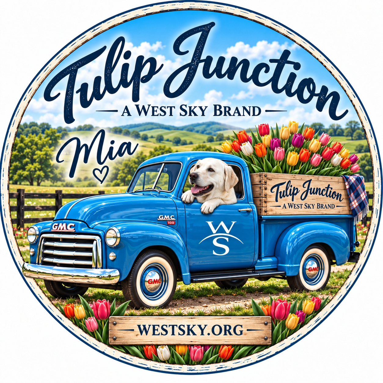 Mia @ the Wheel sticker — Mia the white Lab driving a vintage blue GMC truck