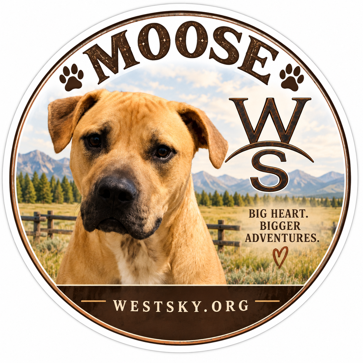 Moose sticker — tan dog with mountain meadow backdrop, Big Heart Bigger Adventures