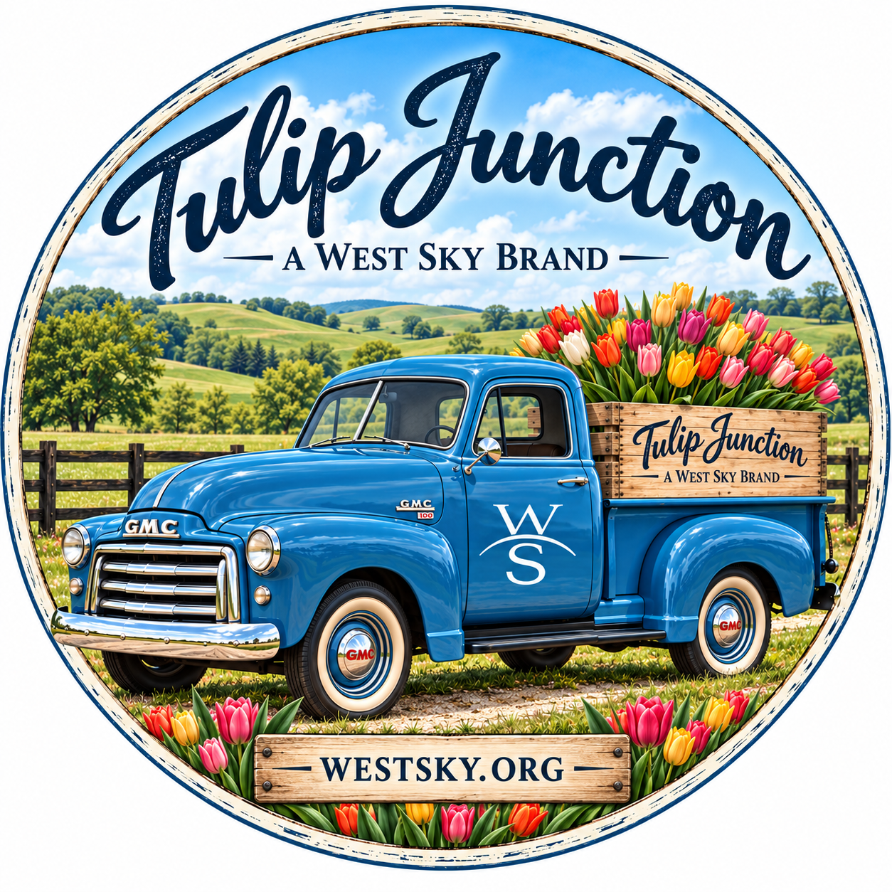 Tulip Junction — a West Sky Brand circle sticker featuring vintage blue GMC truck with tulips
