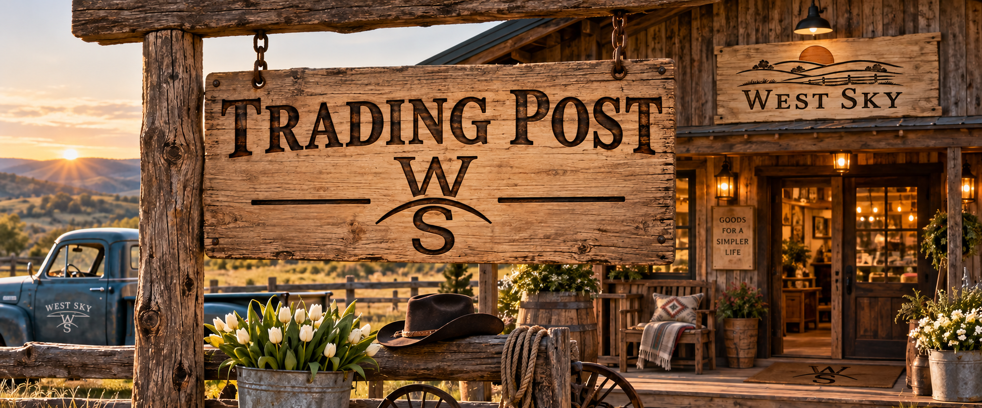 West Sky Trading Post — rustic barn storefront at golden hour with hanging wooden sign