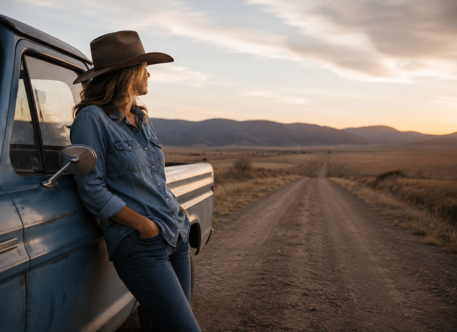 Woman standing beside a vintage truck on an open dirt road
