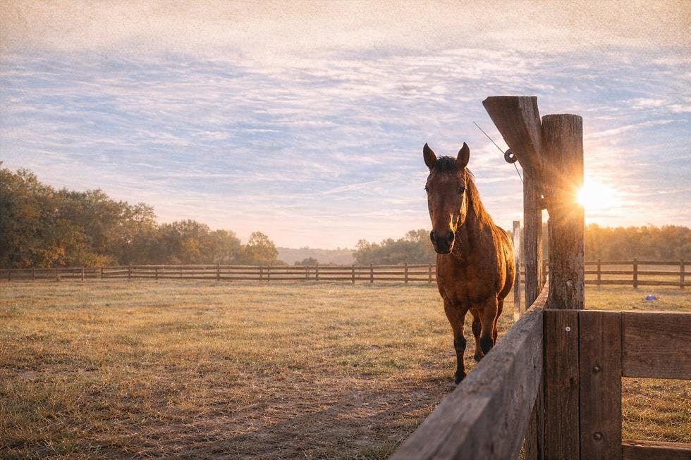Horse standing beside a wooden fence in a quiet pasture